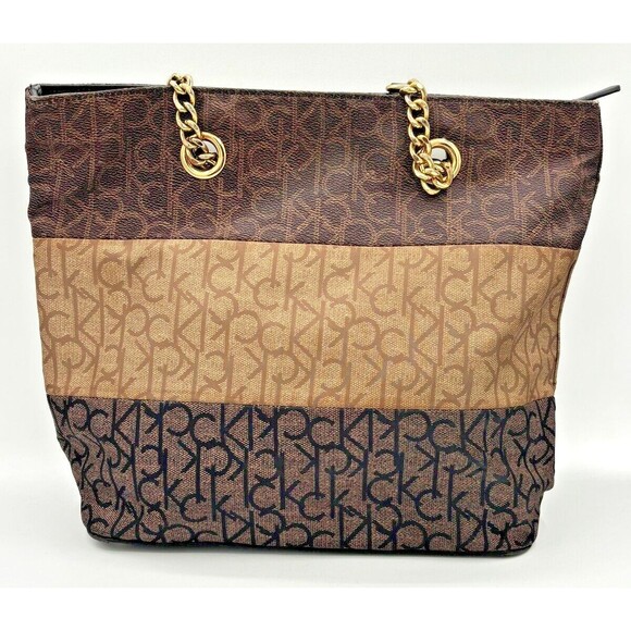 Calvin Klein Signature PVC Tote w/ Chain Strap Shoulder‎ Bag Purse Monogram EUC - Picture 7 of 16